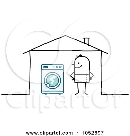 Royalty-Free Vector Clip Art Illustration of a Stick Figure Man With A Washing Machine In His House by NL shop