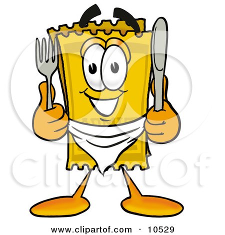 Clipart Picture of a Yellow Admission Ticket Mascot Cartoon Character Holding a Knife and Fork by Mascot Junction