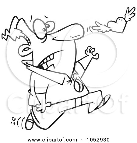 Royalty-Free Vector Clip Art Illustration of a Cartoon Black And White Outline Design Of A Man With A Hole In His Chest, Chasing His Winged Heart by toonaday