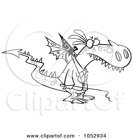 Royalty-Free Vector Clip Art Illustration of a Cartoon Black And White Outline Design Of A Mad Dragon Boss Holding A Whip by toonaday