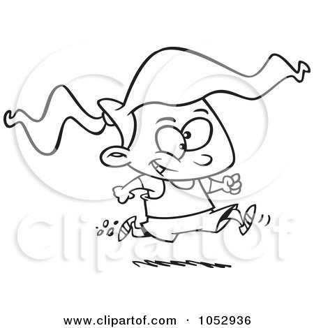 Royalty-Free Vector Clip Art Illustration of a Cartoon Black And White Outline Design Of A Girl Running A Marathon by toonaday