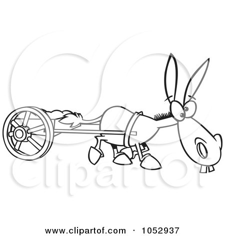 Royalty-Free Vector Clip Art Illustration of a Cartoon Black And White Outline Design Of A Plodding Donkey Pulling A Cart by toonaday