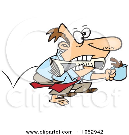 Royalty-Free Vector Clip Art Illustration of a Cartoon Fetching Businessman Holding A Newspaper And Coffee by toonaday