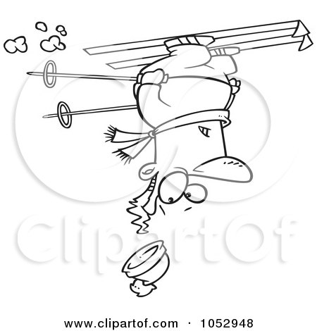 Royalty-Free Vector Clip Art Illustration of a Cartoon Black And White Outline Design Of A Skier Upside Down by toonaday