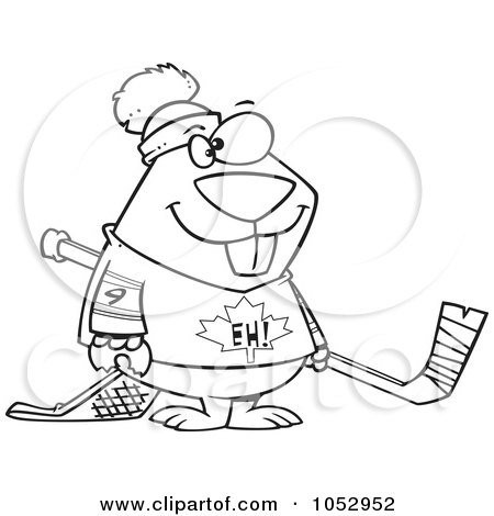 Royalty-Free Vector Clip Art Illustration of a Cartoon Black And White Outline Design Of A Hockey Beaver by toonaday