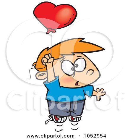 Royalty-Free Vector Clip Art Illustration of a Cartoon Boy Floating Upwards With A Heart Balloon by toonaday