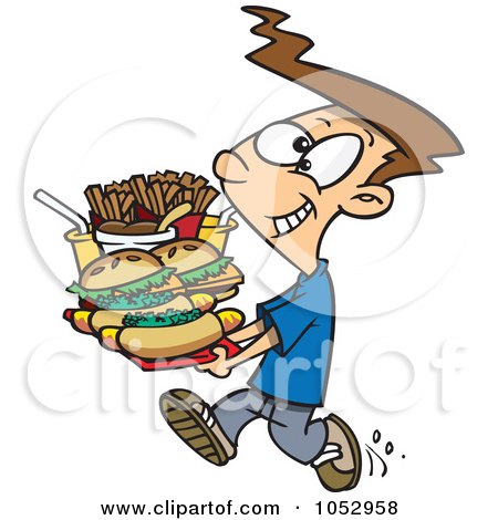 Royalty-Free Vector Clip Art Illustration of a Cartoon Boy Carrying A Heavy Fast Food Tray by toonaday