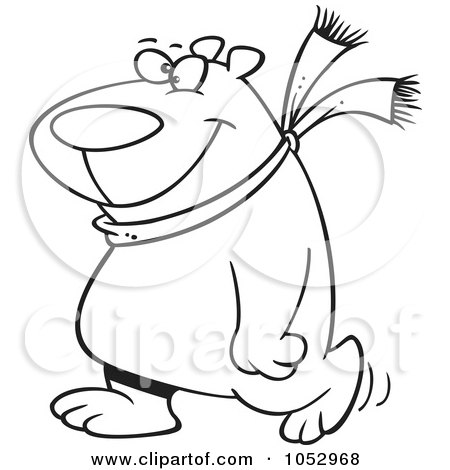 Royalty-Free Vector Clip Art Illustration of a Cartoon Black And White Outline Design Of A Happy Polar Bear Wearing A Scarf And Walking Upright by toonaday