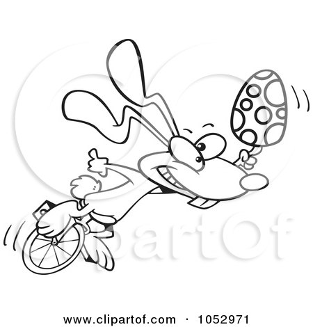 Royalty-Free Vector Clip Art Illustration of a Cartoon Black And White Outline Design Of A Talented Easter Bunny With An Egg On A Unicycle by toonaday