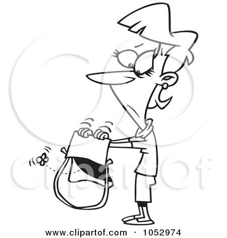 Royalty-Free Vector Clip Art Illustration of a Cartoon Black And White Outline Design Of A Woman Shaking Her Empty Purse by toonaday