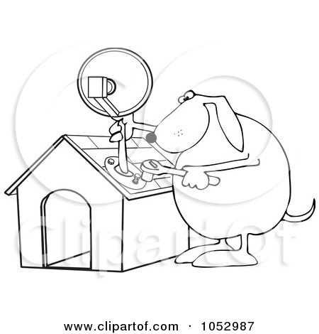 Royalty-Free Vector Clip Art Illustration of a Black And White Dog Attaching A Satellite To His House Outline by djart