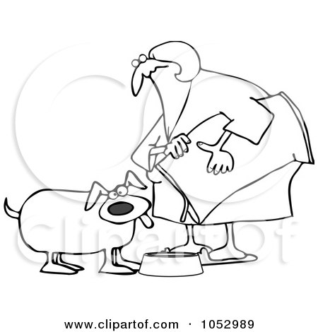 Royalty-Free Vector Clip Art Illustration of a Black And White Woman Pouring Dog Food Into A Dish Outline by djart