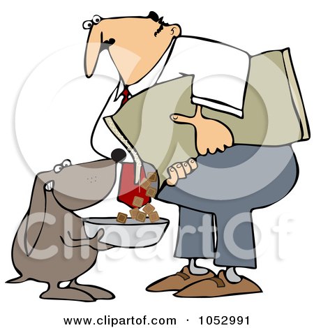 Royalty-Free Vector Clip Art Illustration of a Dog Holding A Bowl While His Master Pours Food Into It by djart