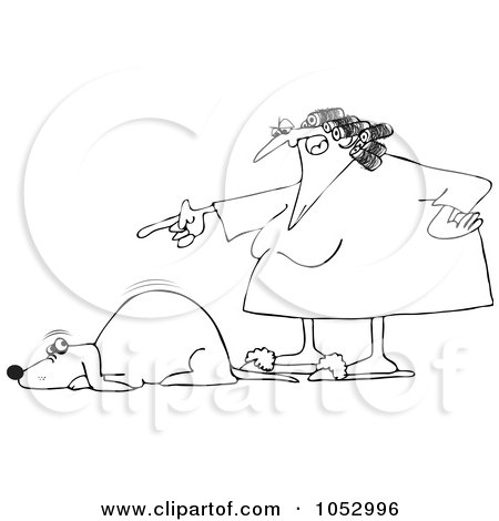 Royalty-Free Vector Clip Art Illustration of a Black And White Angry Woman Yelling At A Scared Dog Outline by djart