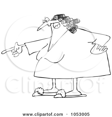 Royalty-Free Vector Clip Art Illustration of a Black And White Pointing Angry Woman In Slippers And Curlers Outline by djart