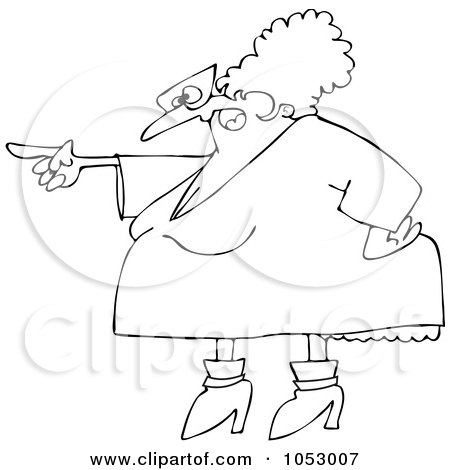 Royalty-Free Vector Clip Art Illustration of a Black And White Pointing Angry Woman In A Dress Outline by djart