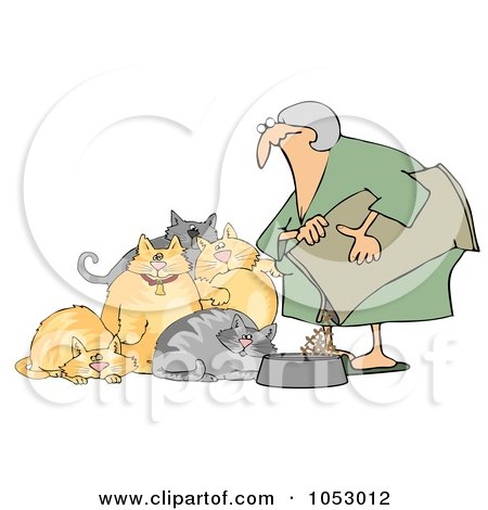 Royalty-Free Vector Clip Art Illustration of a Woman Feeding Her Hungry Fat Cats by djart