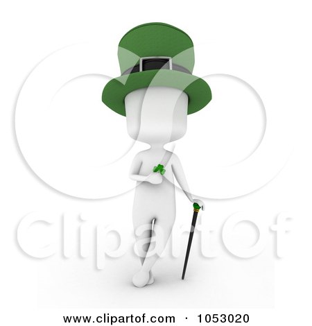 Royalty-Free 3d Clip Art Illustration of a 3d Ivory White Man Leprechaun Holding A Clover And Leaning On A Cane by BNP Design Studio