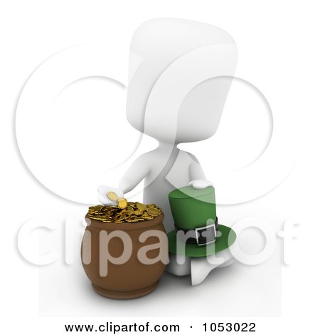 Royalty-Free 3d Clip Art Illustration of a 3d Ivory White Man Holding A Leprechaun Hat And Counting Gold by BNP Design Studio