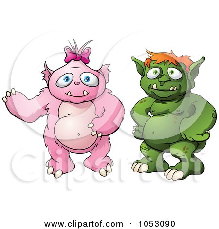 Royalty-Free Vector Clip Art Illustration of a Green And Pink Monster Couple by AtStockIllustration