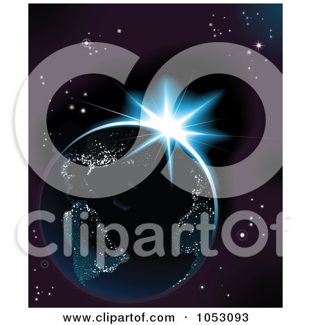 Royalty-Free Vector Clip Art Illustration of Earth Illuminated With Lights And The Sun Rising Against Outer Space by AtStockIllustration