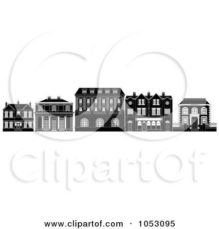 Royalty-Free Vector Clip Art Illustration of a Black And White Row Of Edwardian, Victorian And Georgian House And Building Facades by AtStockIllustration