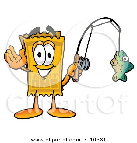Clipart Picture of a Yellow Admission Ticket Mascot Cartoon Character Holding a Fish on a Fishing Pole by Mascot Junction