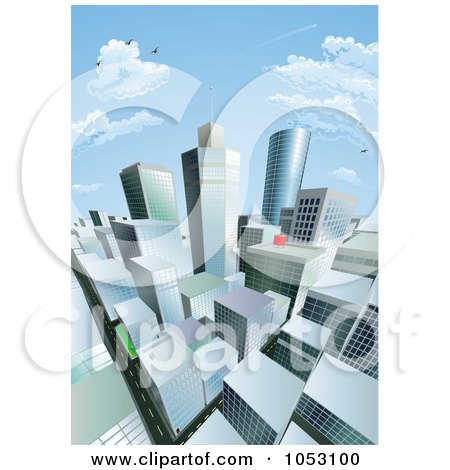Royalty-Free Vector Clip Art Illustration of a City Block Under A Blue Sky With Clouds by AtStockIllustration