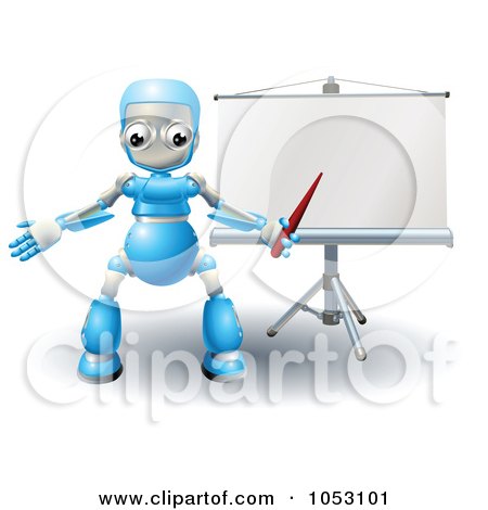 Royalty-Free 3d Vector Clip Art Illustration of a 3d Blue Robot Pointing At A Roller Screen by AtStockIllustration
