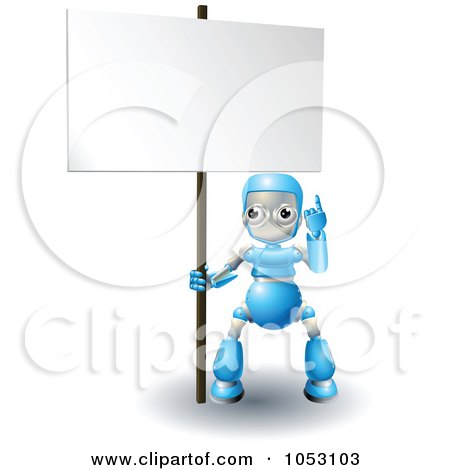 Royalty-Free 3d Vector Clip Art Illustration of a 3d Blue Robot Pointing Up At A Blank Sign by AtStockIllustration