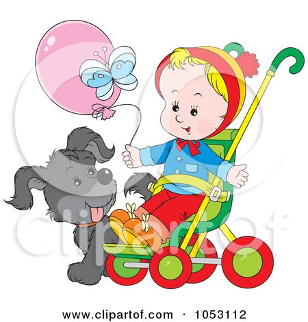 Royalty-Free Vector Clip Art Illustration of a Baby In A Stroller By A Dog, With A Balloon by Alex Bannykh