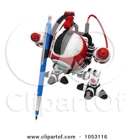 Royalty-Free 3d Clip Art Illustration of a 3d Web Crawler Robot Cam Drawing With A Pen by Leo Blanchette