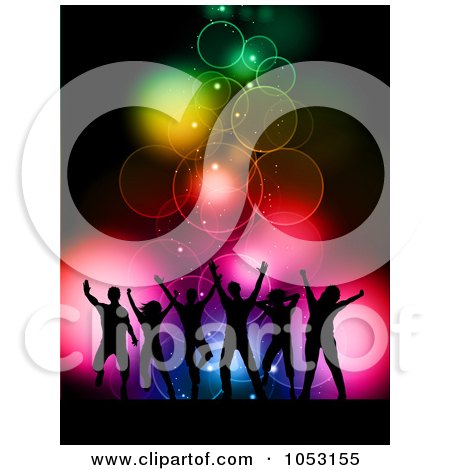 Royalty-Free Vector Clip Art Illustration of a Background Of Silhouetted Dancers Over Colorful Bokeh Lights by KJ Pargeter