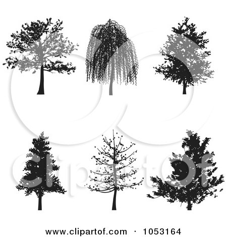 Royalty-Free Vector Clip Art Illustration of a Digital Collage Of Black Tree Silhouettes by KJ Pargeter