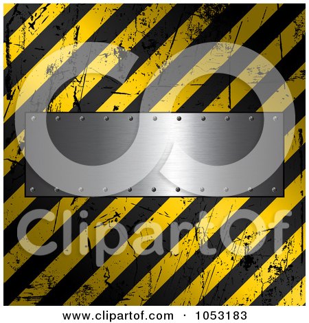 Royalty-Free Vector Clip Art Illustration of a Metal Plate Over A Grungy Hazard Stripe Background by KJ Pargeter