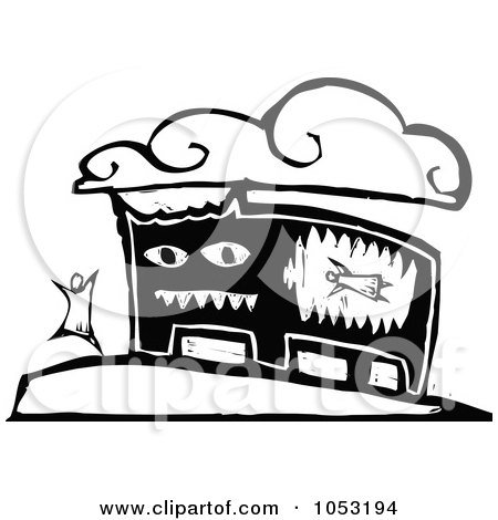 Royalty-Free Vector Clipart Illustration of a Black And White Woodcut Styled Man Running From A Monster by xunantunich