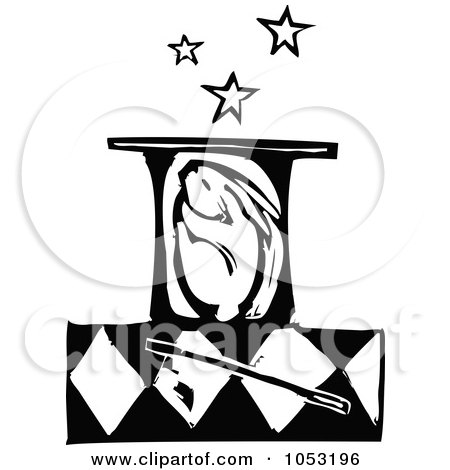 Royalty-Free Vector Clipart Illustration of a Black And White Woodcut Styled Bunny In A Magic Hat by xunantunich