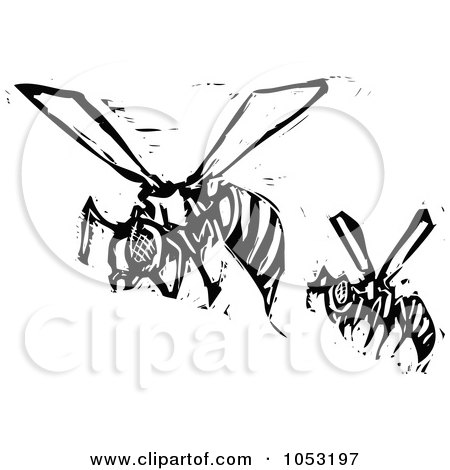 Royalty-Free Vector Clipart Illustration of Black And White Woodcut Styled Wasps by xunantunich