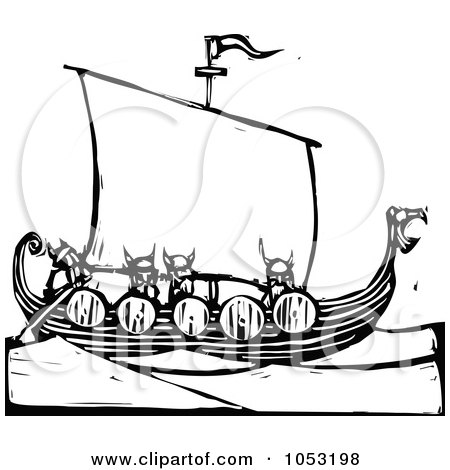 Royalty-Free Vector Clipart Illustration of a Black And White Woodcut Styled Viking Ship by xunantunich