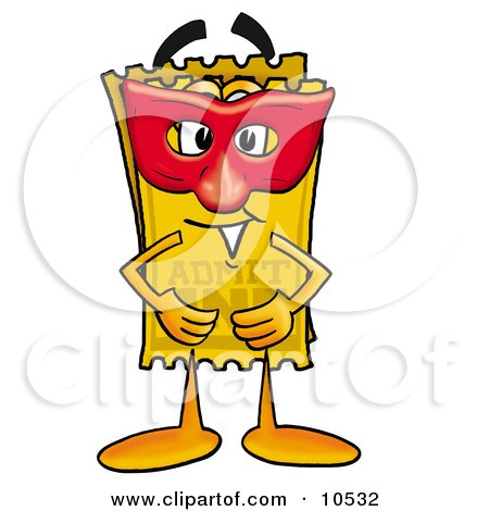 Clipart Picture of a Yellow Admission Ticket Mascot Cartoon Character Wearing a Red Mask Over His Face by Mascot Junction
