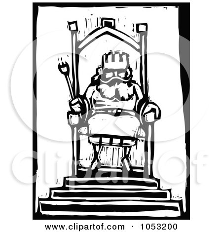 Royalty-Free Vector Clipart Illustration of a Black And White Woodcut Styled King At His Throne by xunantunich