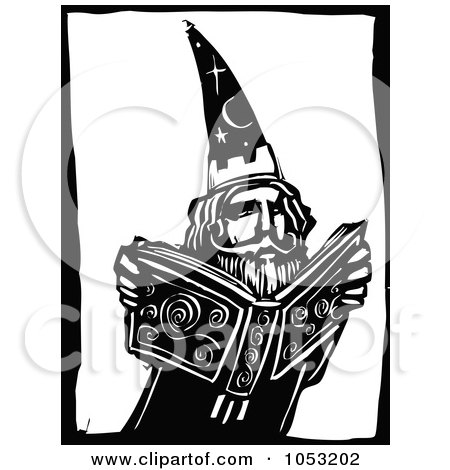Royalty-Free Vector Clipart Illustration of a Black And White Woodcut Styled Wizard And Magic Book by xunantunich