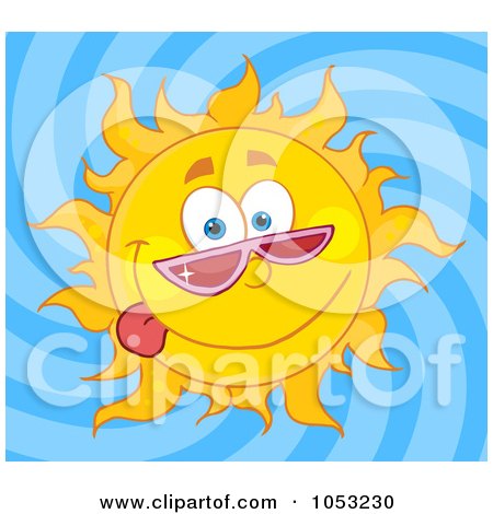 Royalty-Free Vector Clip Art Illustration of a Goofy Sun Wearing Shades And Sticking His Tongue Out In A Blue Swirl Sky by Hit Toon