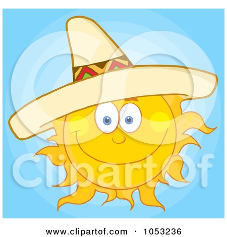 Royalty-Free Vector Clip Art Illustration of a Happy Sun Wearing A Sombrero In A Blue Sky by Hit Toon