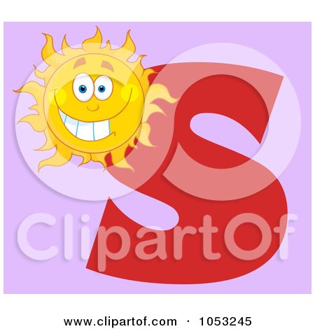 Royalty-Free Vector Clip Art Illustration of a Grinning Sun With The Letter S Over Purple by Hit Toon