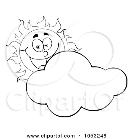 Royalty-Free Vector Clip Art Illustration of an Outline Of A Happy Sun Smiling Behind A Cloud by Hit Toon