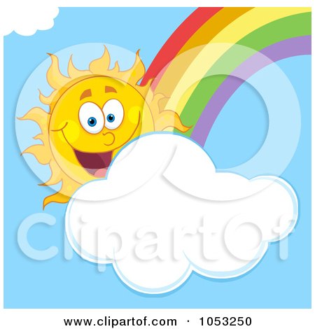 Royalty-Free Vector Clip Art Illustration of a Happy Sun With A Cloud And Rainbow In A Blue Sky by Hit Toon