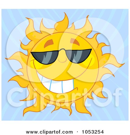 Royalty-Free Vector Clip Art Illustration of a Cool Sun Wearing Shades In A Blue Ray Sky by Hit Toon