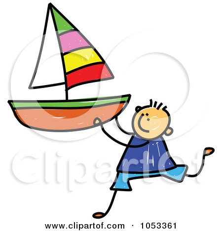 Royalty-Free Vector Clip Art Illustration of a Doodle Boy Holding A Sailboat by Prawny