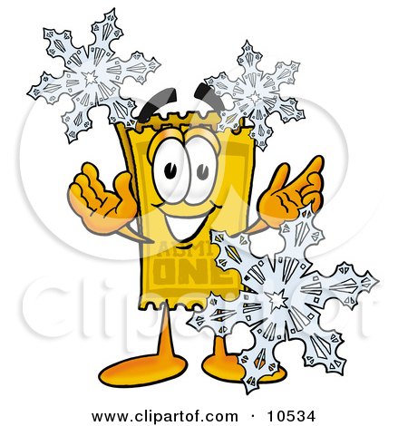 Clipart Picture of a Yellow Admission Ticket Mascot Cartoon Character With Three Snowflakes in Winter by Mascot Junction